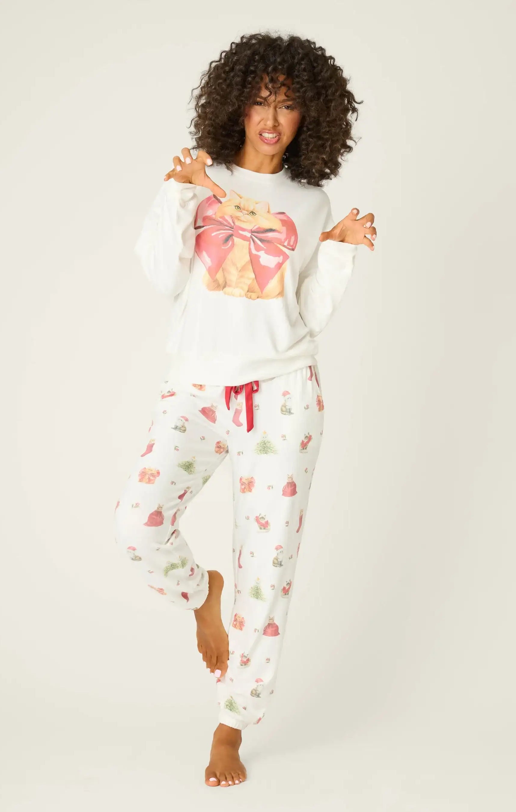 PJ Salvage Feline Festive Cat Print Sweater as seen on Chloe Sims