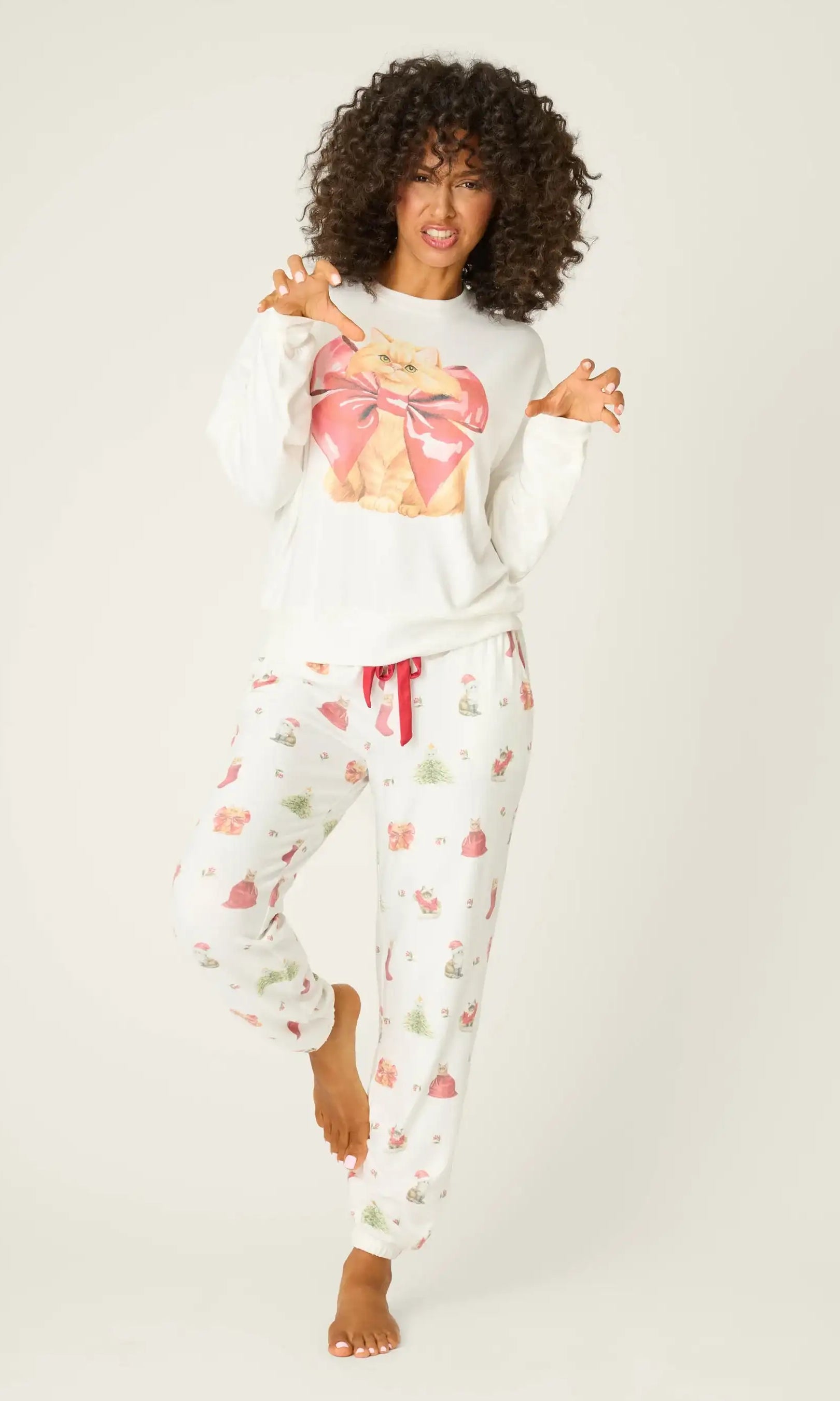 PJ Salvage Feline Festive Cat Print Sweater as seen on Chloe Sims