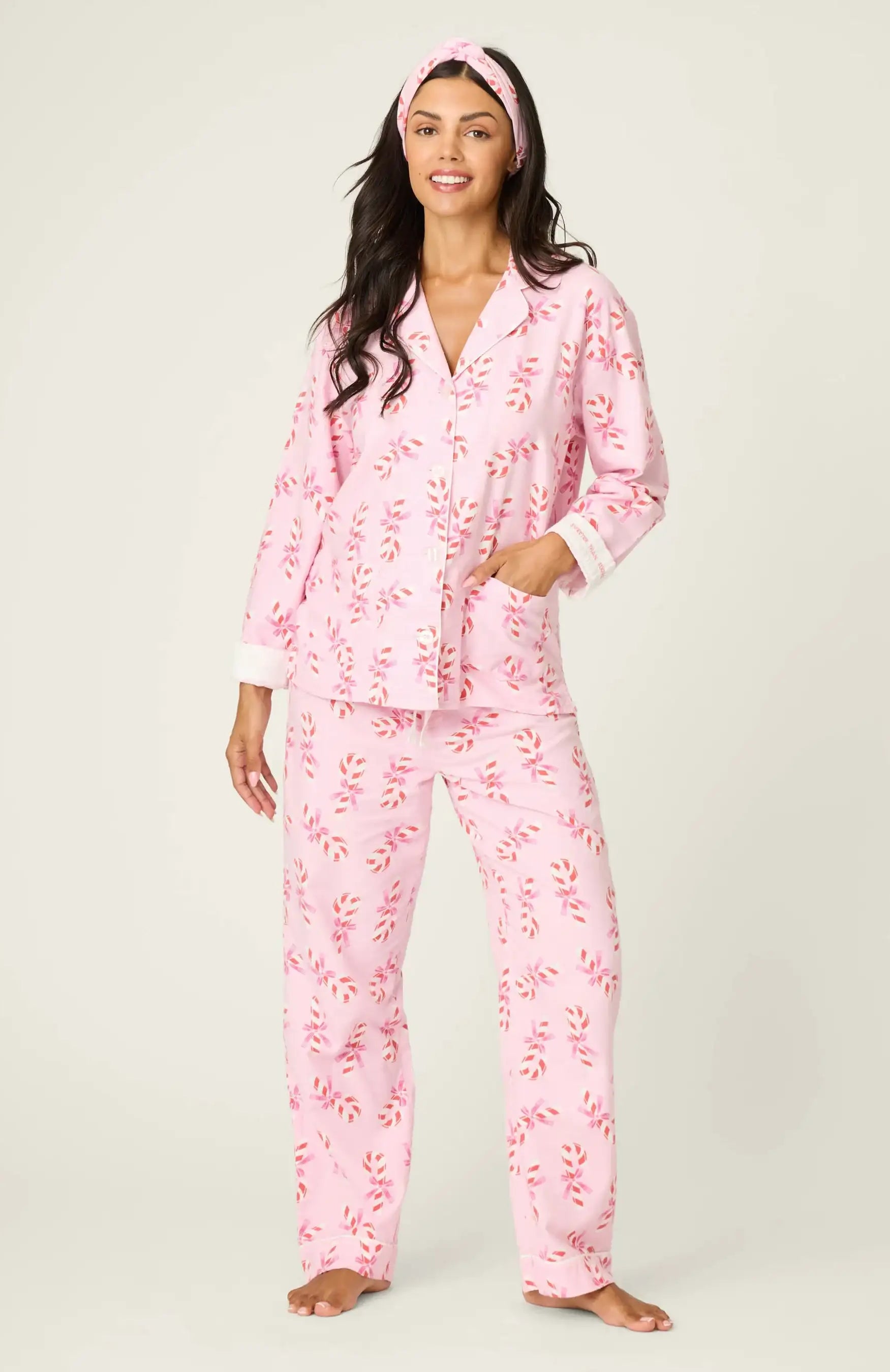 PJ Salvage Sweeter Than Sugar 3-Piece Candy Cane Print Flannel PJ Set as seen on Paris Hilton