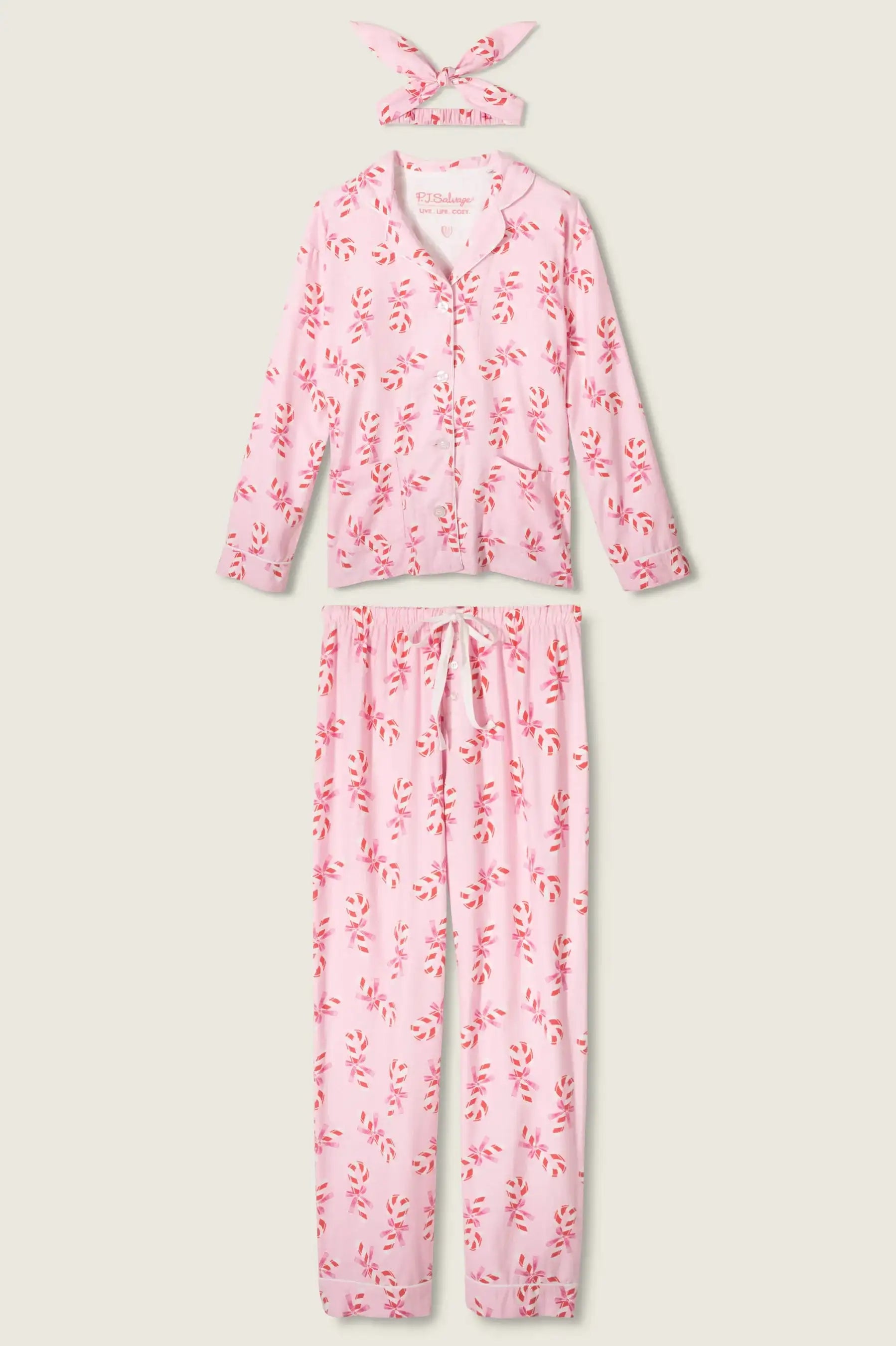 PJ Salvage Sweeter Than Sugar 3-Piece Candy Cane Print Flannel PJ Set as seen on Paris Hilton