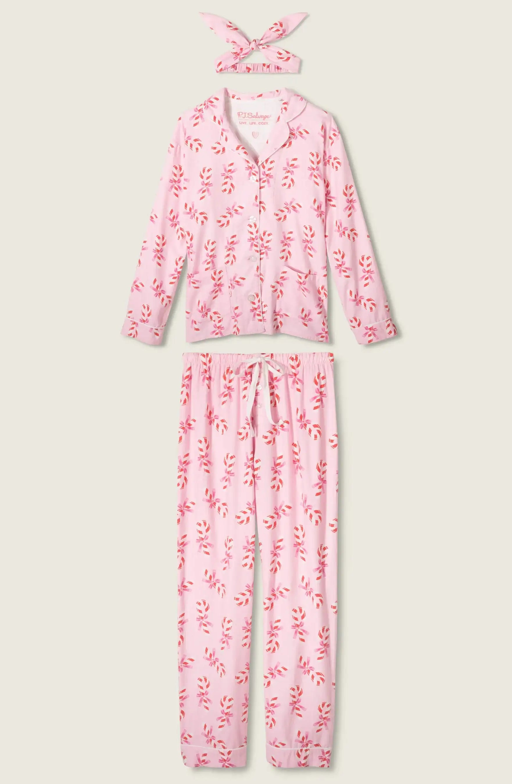 PJ Salvage Sweeter Than Sugar 3-Piece Candy Cane Print Flannel PJ Set as seen on Paris Hilton
