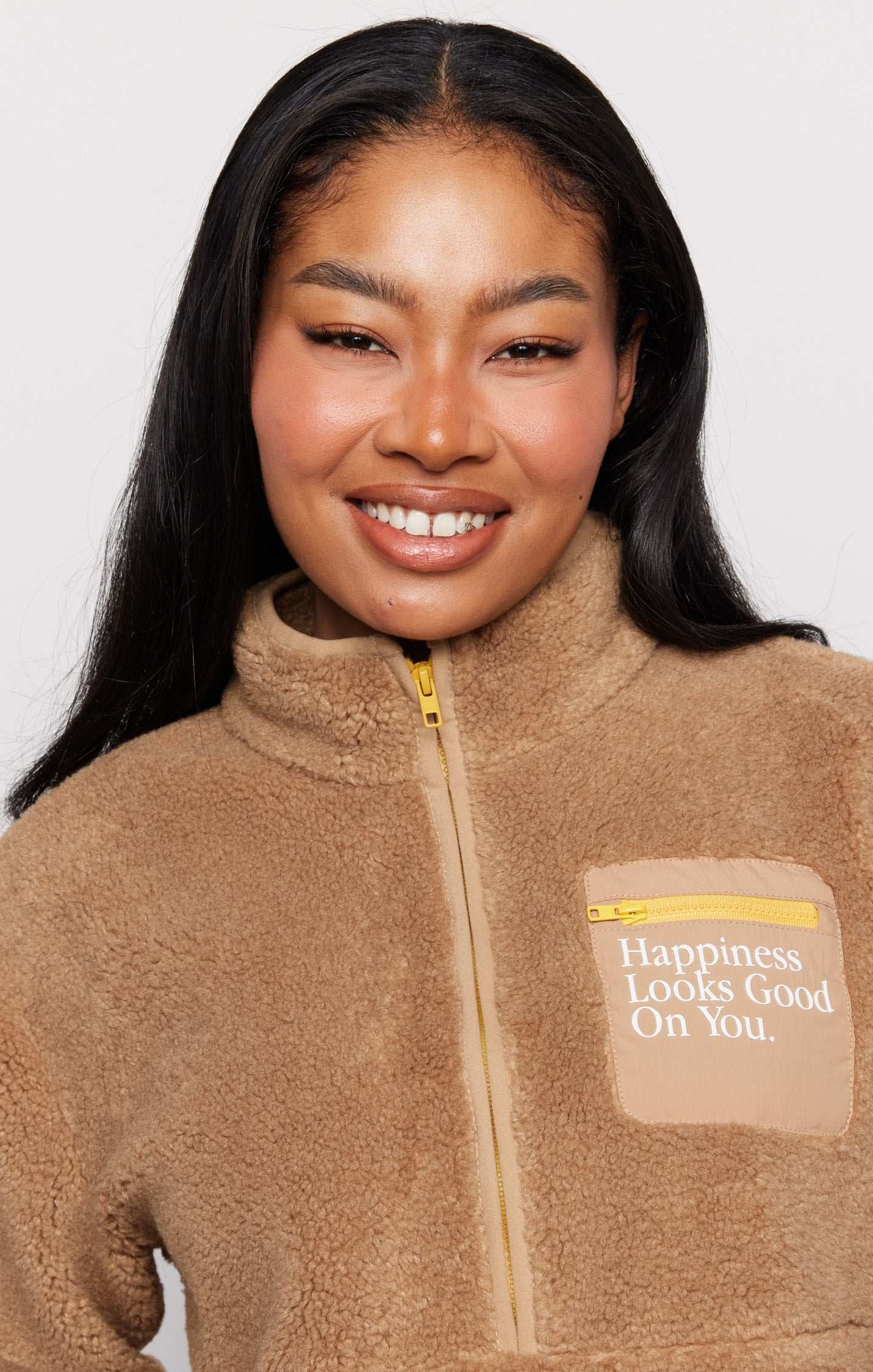 Samii Ryan Smiley® Sunshine Sherpa Jacket as seen on Sarah Jayne Dunn Jacket by Samii Ryan as seen on celebrities