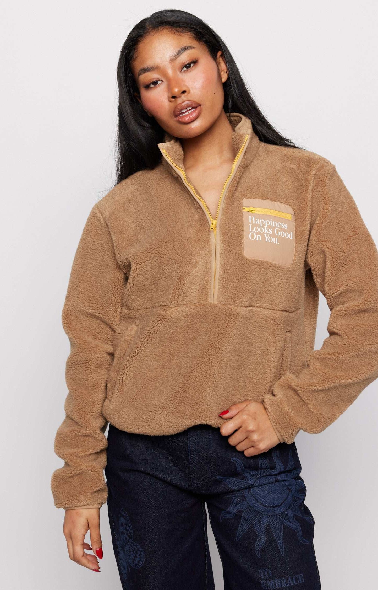 Samii Ryan Smiley® Sunshine Sherpa Jacket as seen on Sarah Jayne Dunn Jacket by Samii Ryan as seen on celebrities