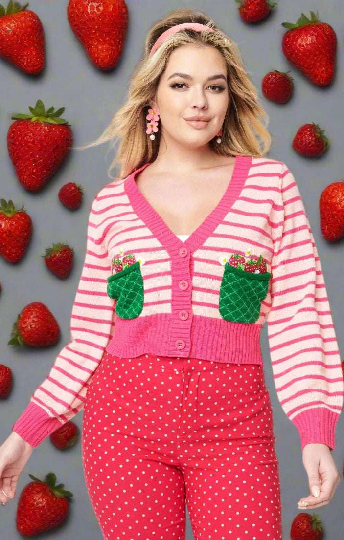 Smak Parlour 1960s Pink Stripes & Strawberry Pocket Cardigan Cardigan by Unique Vintage as seen on celebrities