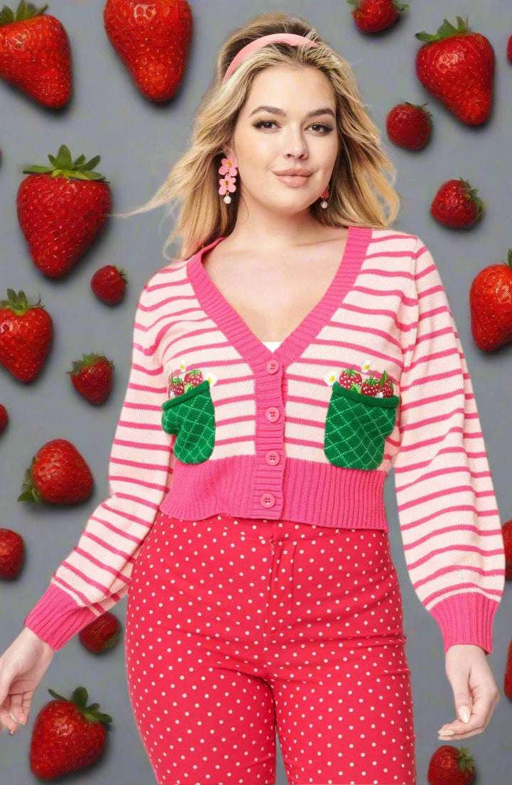Smak Parlour 1960s Pink Stripes & Strawberry Pocket Cardigan Cardigan by Unique Vintage as seen on celebrities