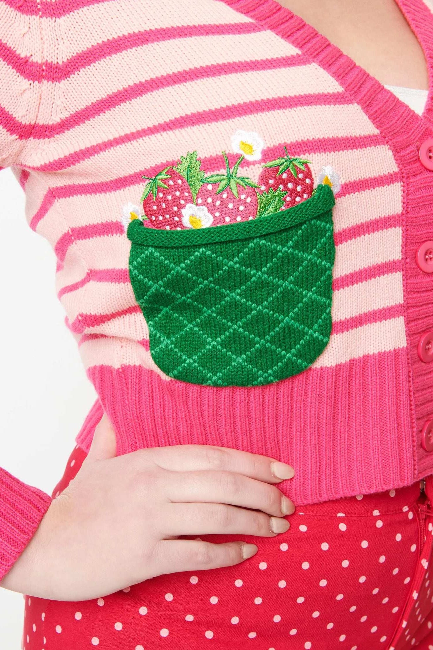 Smak Parlour 1960s Pink Stripes & Strawberry Pocket Cardigan Cardigan by Unique Vintage as seen on celebrities