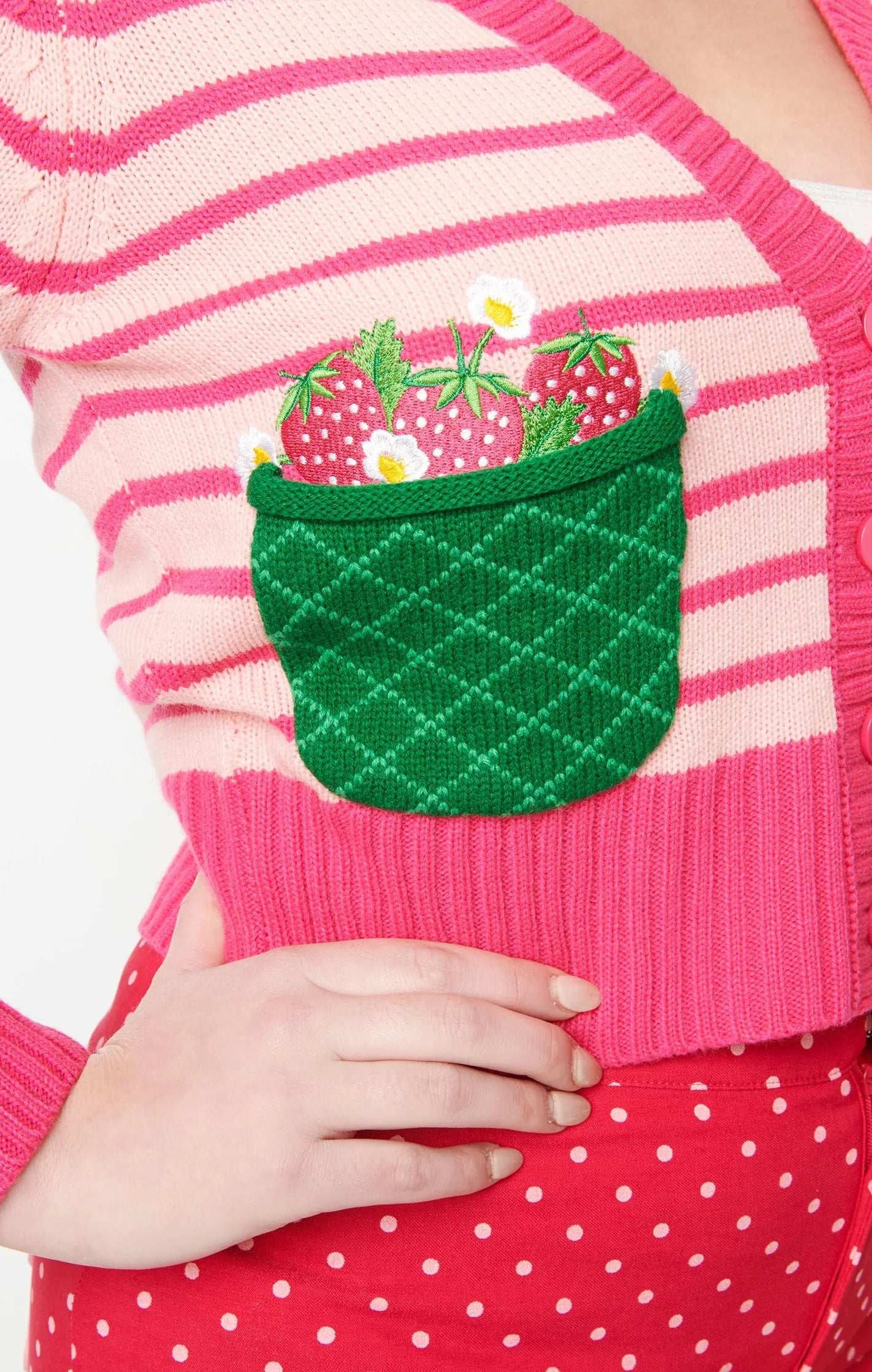 Smak Parlour 1960s Pink Stripes & Strawberry Pocket Cardigan Cardigan by Unique Vintage as seen on celebrities