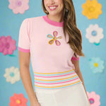 Smak Parlour Pink & Rainbow Flower Cutout Sweater Top by Unique Vintage as seen on celebrities