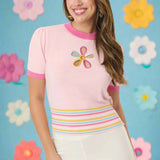 Smak Parlour Pink & Rainbow Flower Cutout Sweater Top by Unique Vintage as seen on celebrities