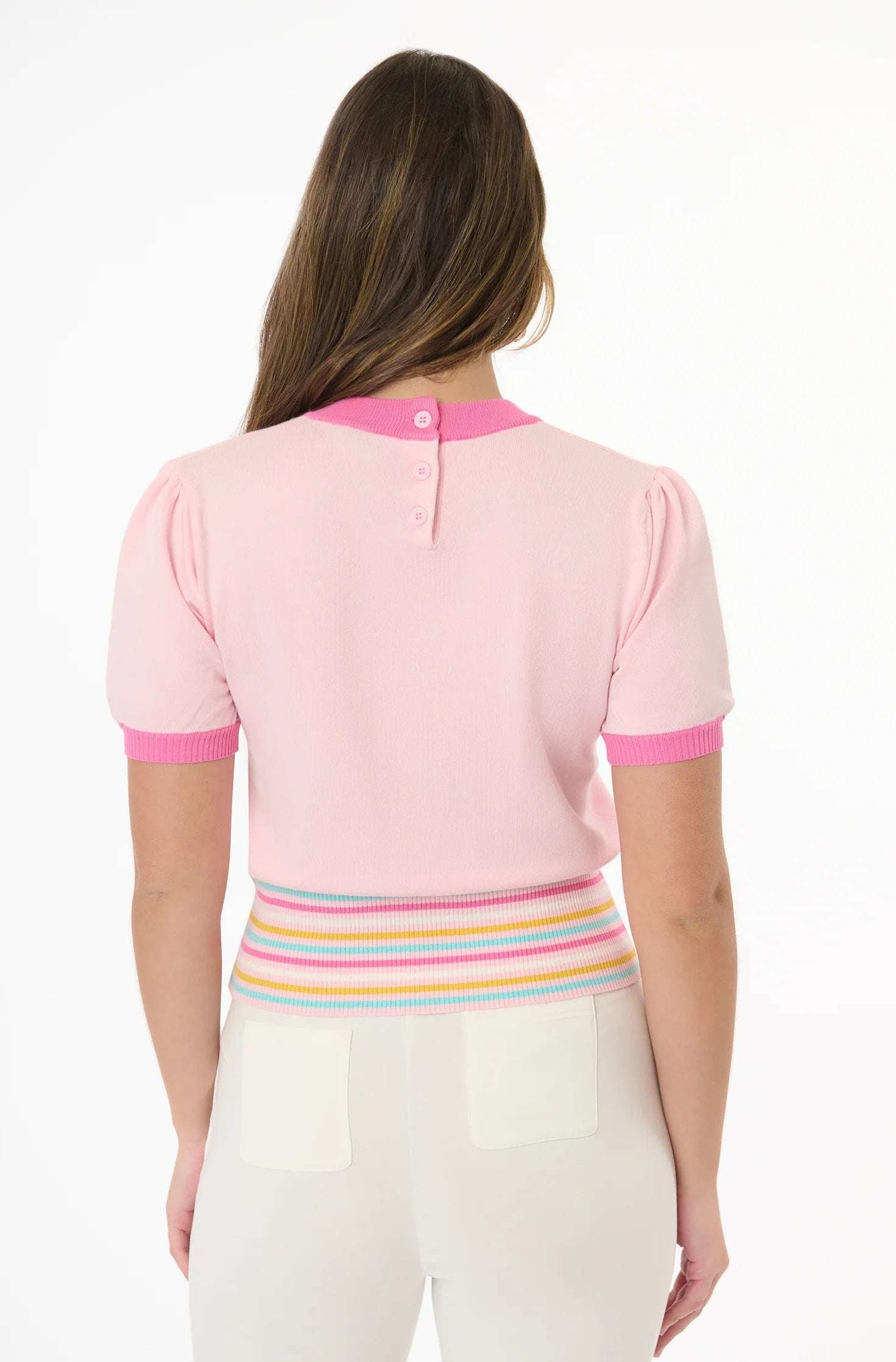 Smak Parlour Pink & Rainbow Flower Cutout Sweater Top by Unique Vintage as seen on celebrities