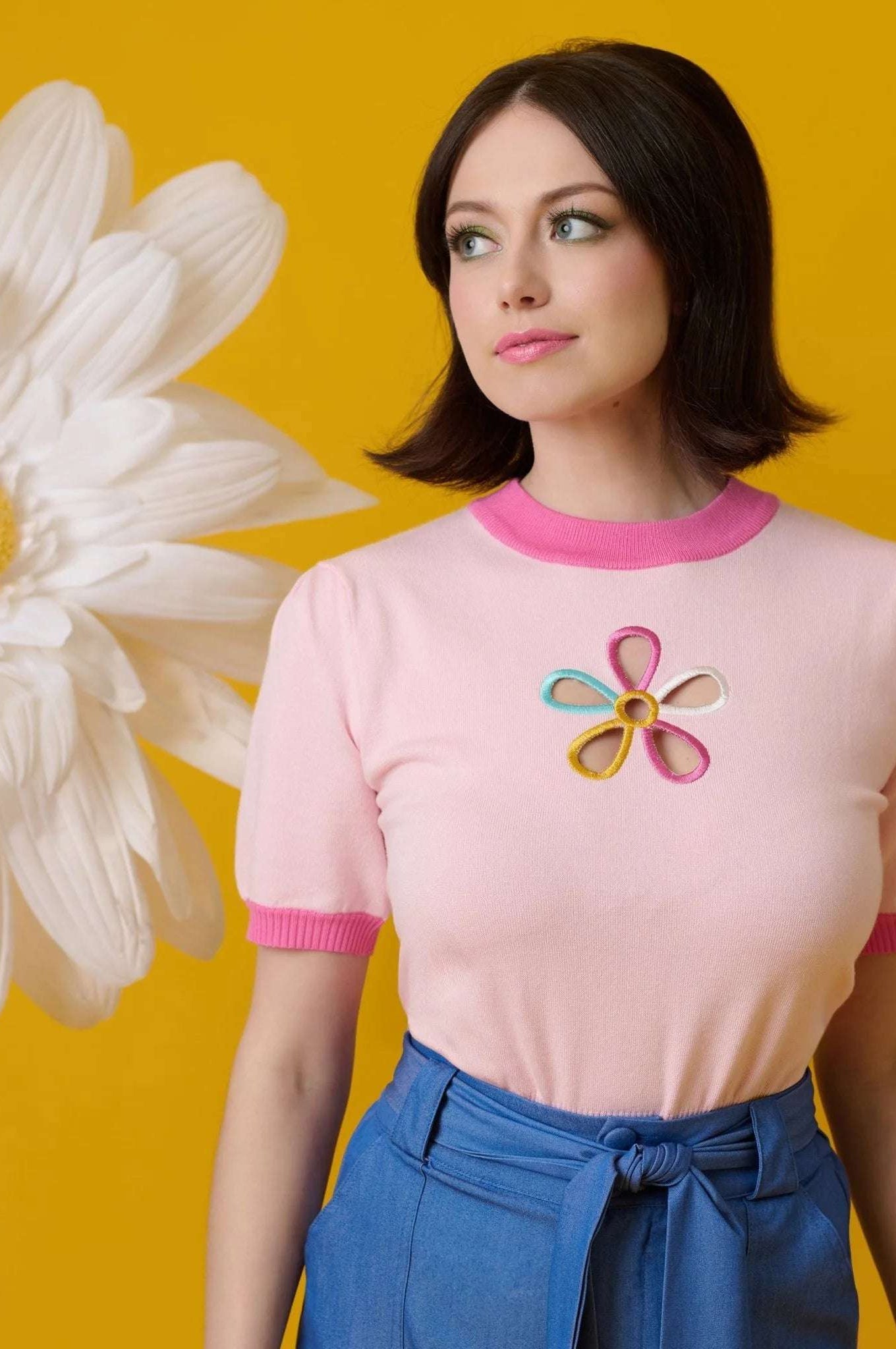 Smak Parlour Pink & Rainbow Flower Cutout Sweater Top by Unique Vintage as seen on celebrities
