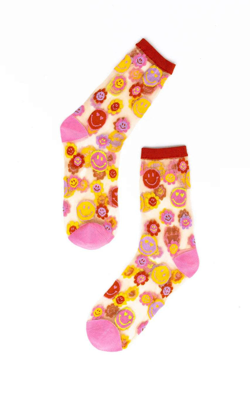 Sock Candy Smiley Face Daisy Sheer Crew Socks Socks by Sock Candy as seen on celebrities