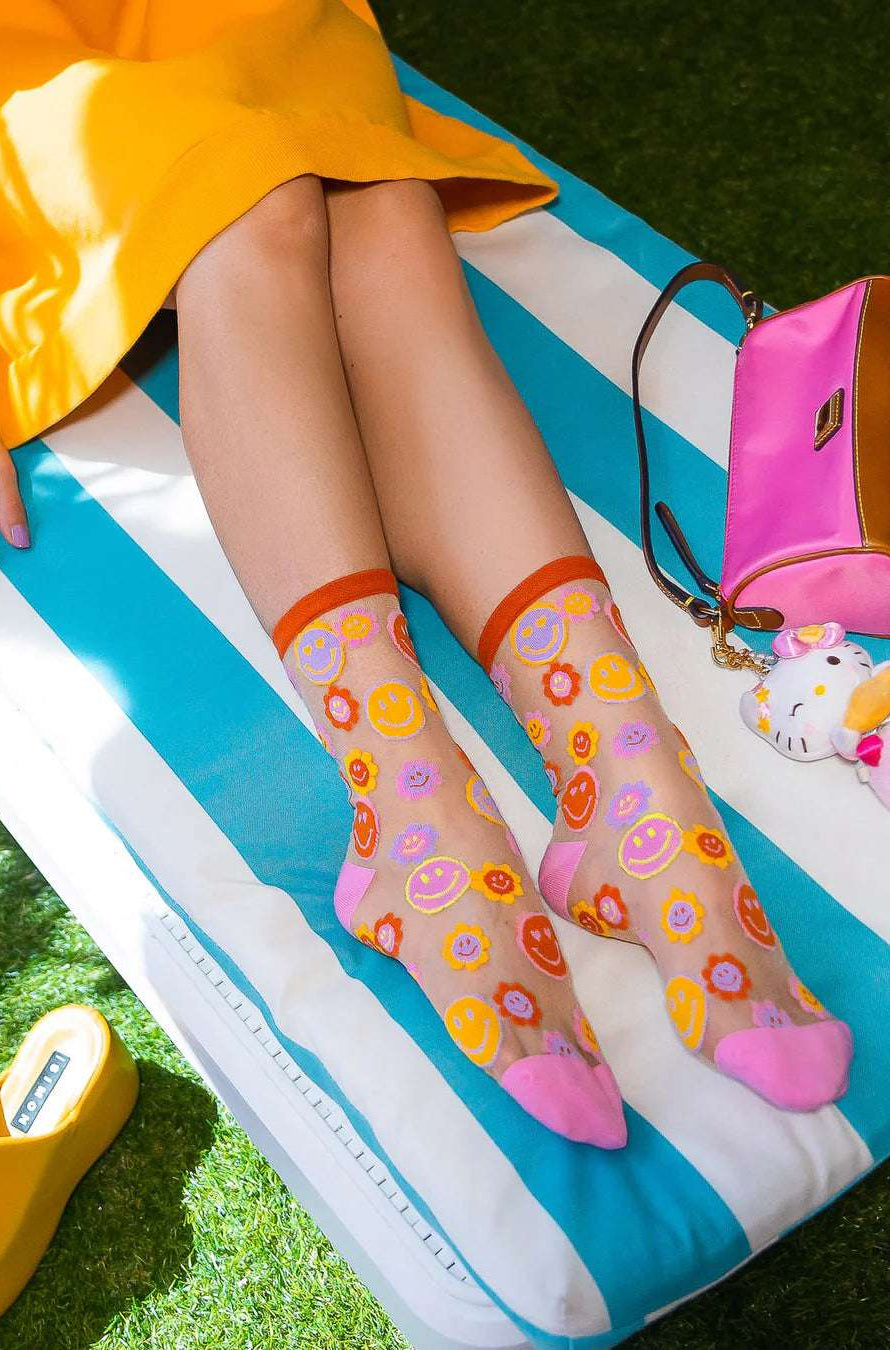 Sock Candy Smiley Face Daisy Sheer Crew Socks Socks by Sock Candy as seen on celebrities
