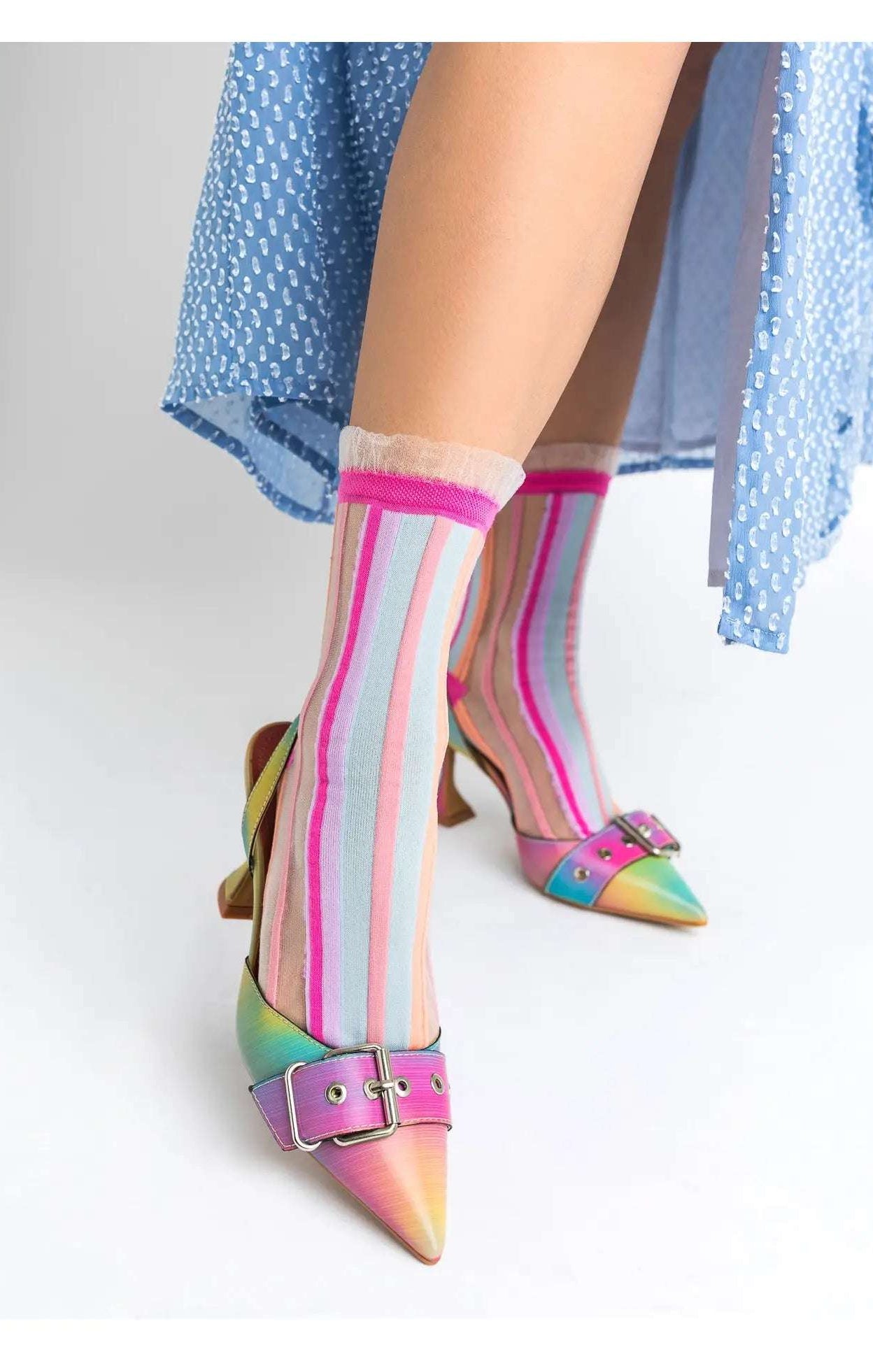 Sock Candy Candy Stripe Ruffle Crew Sock Socks by Sock Candy as seen on celebrities