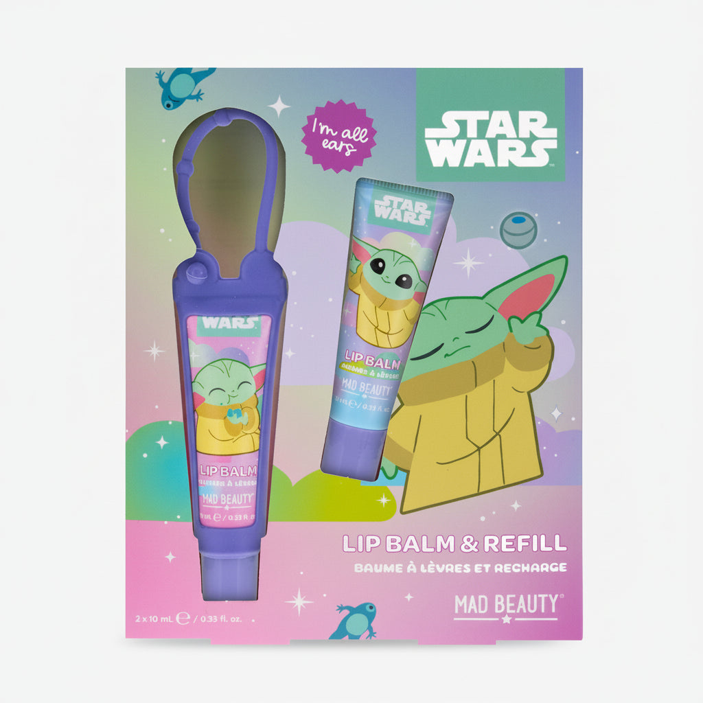 Star Wars-themed lip balm and refill set with packaging featuring Baby Yoda on a colorful background.