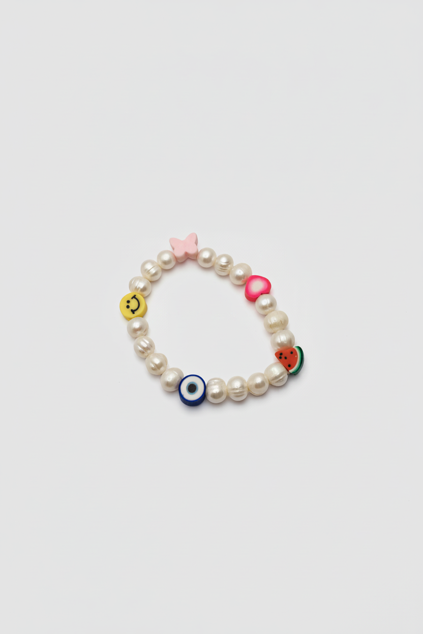 Pearl bracelet with colorful beads on a white background