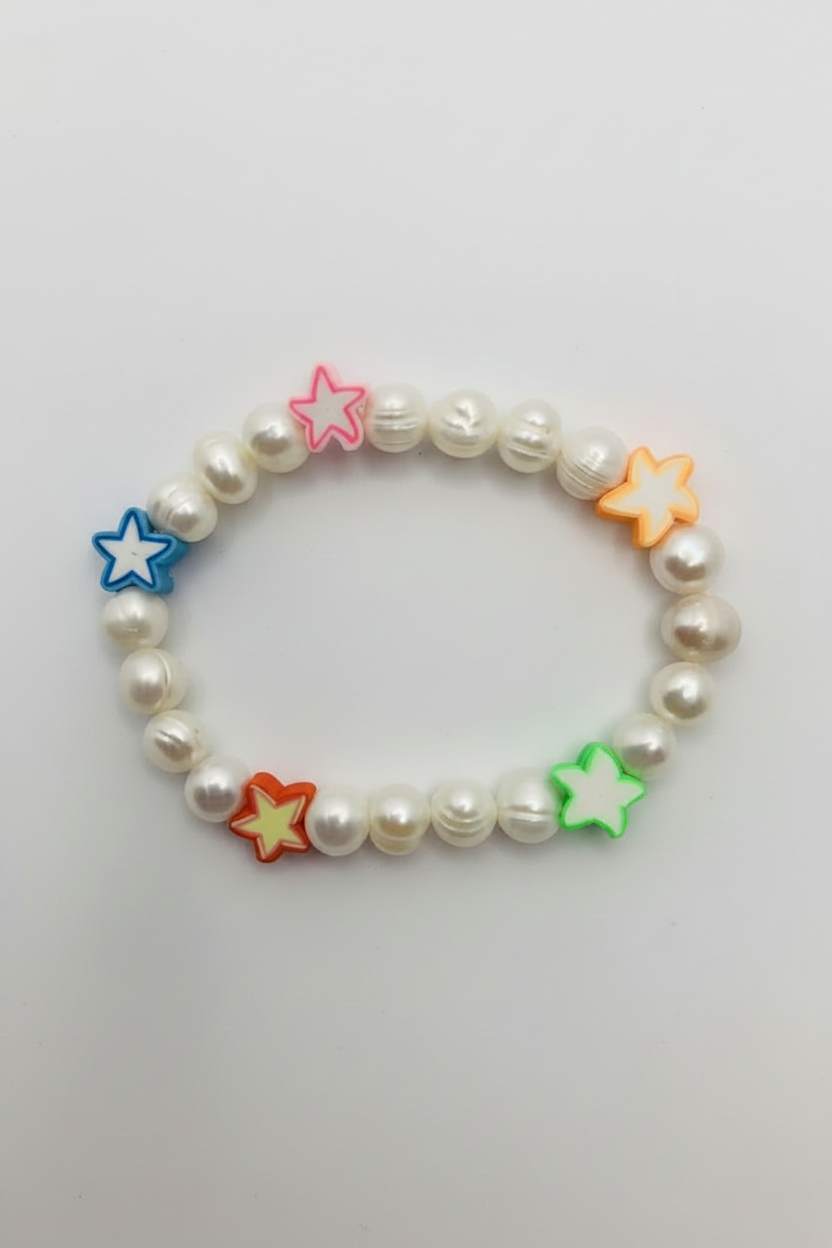 Pearl bracelet with colorful star-shaped beads on a white background