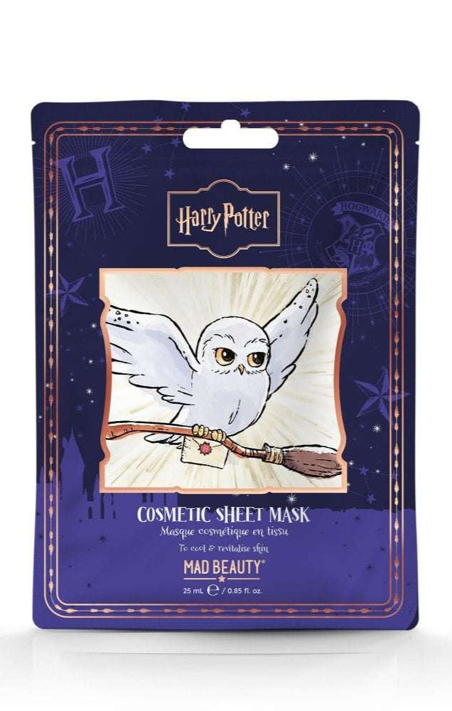 Cosmetic sheet mask packaging with owl design and Harry Potter branding on a white background