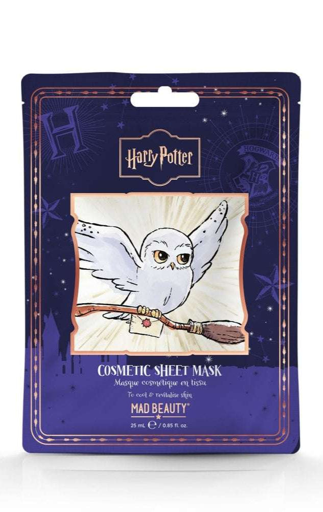 Cosmetic sheet mask packaging with owl design and Harry Potter branding on a white background