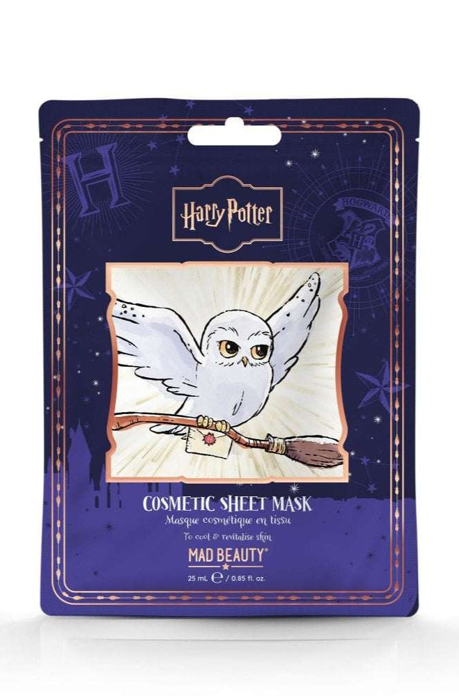 Cosmetic sheet mask packaging with owl design and Harry Potter branding on a white background