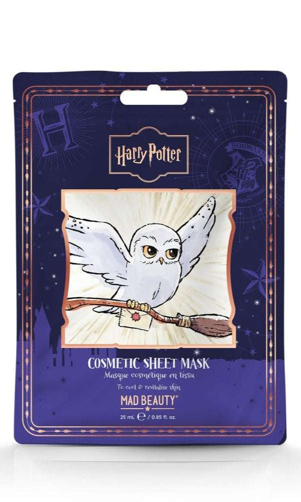 Cosmetic sheet mask packaging with owl design and Harry Potter branding on a white background