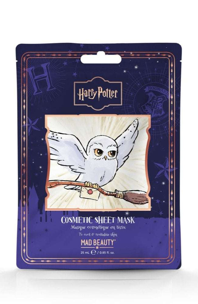 Cosmetic sheet mask packaging with owl design and Harry Potter branding on a white background