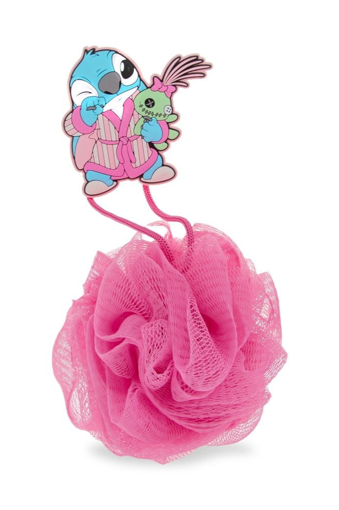Pink bath pouf with a cartoon character on a white background