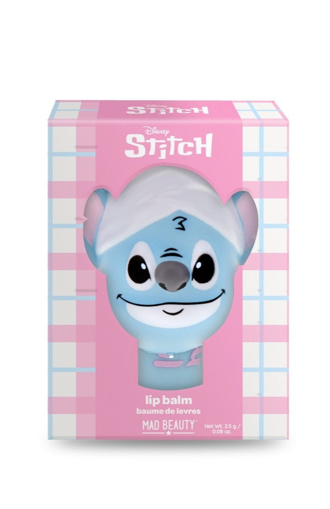 Lip balm packaging with Disney Stitch design on a pink and white checkered background