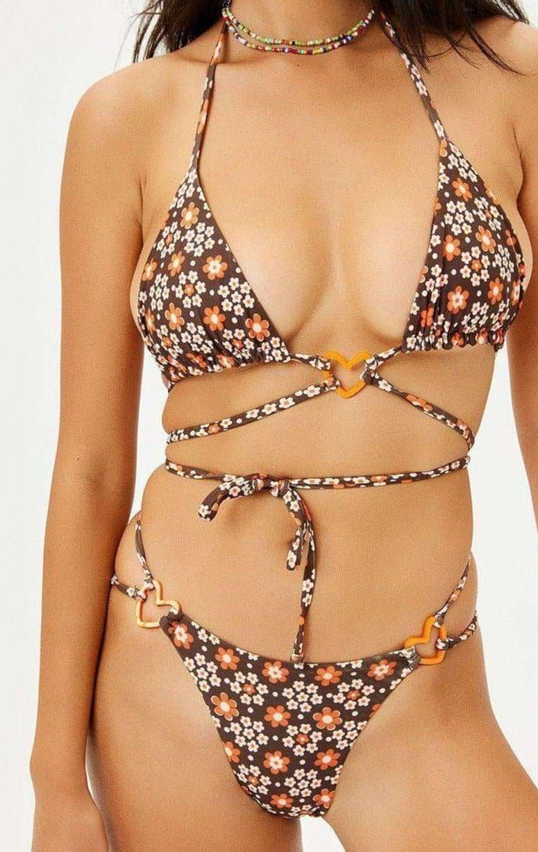 Shop Frankies Bikinis Frankies Bikinis Kailyn Floral String Bikini Bottom in Brown Buttercup Bikini Bottoms for women – premium loungewear and festival fashion at Spoiled Brat
