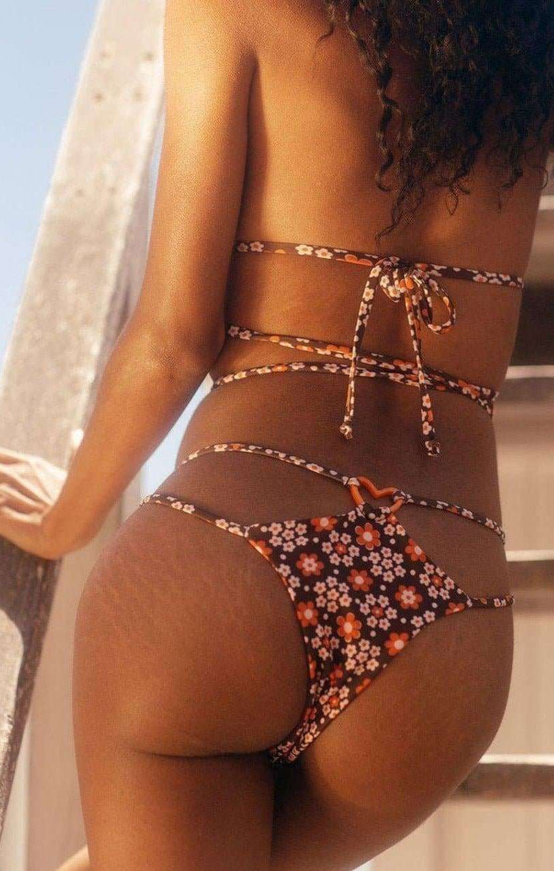 Shop Frankies Bikinis Frankies Bikinis Kailyn Floral String Bikini Bottom in Brown Buttercup Bikini Bottoms for women – premium loungewear and festival fashion at Spoiled Brat