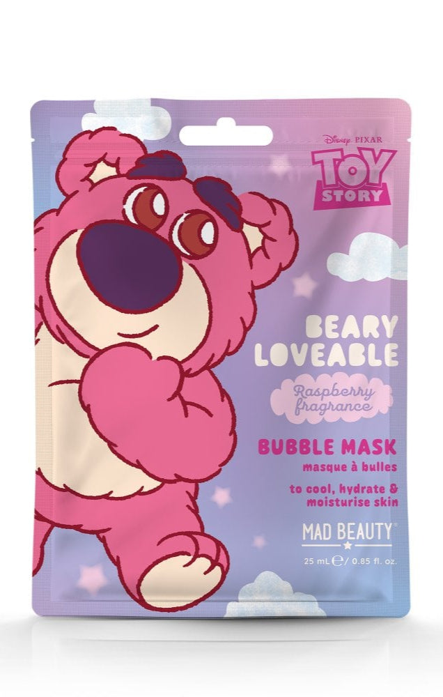 Bubble mask packaging with a pink bear character on a white background