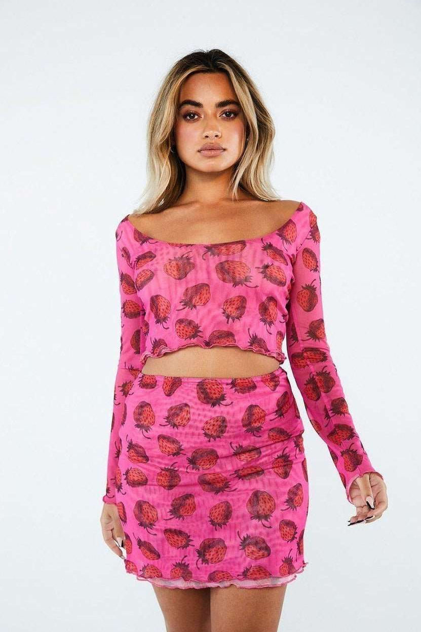 Shop New Girl Order New Girl Order Strawberry Mesh Mini Skirt Mini Skirt for women – premium loungewear and festival fashion at Spoiled Brat