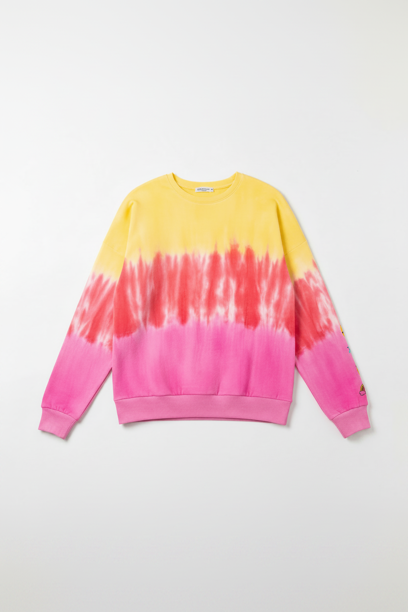 Sweatshirt with yellow, pink, and red tie-dye pattern on a light gray background