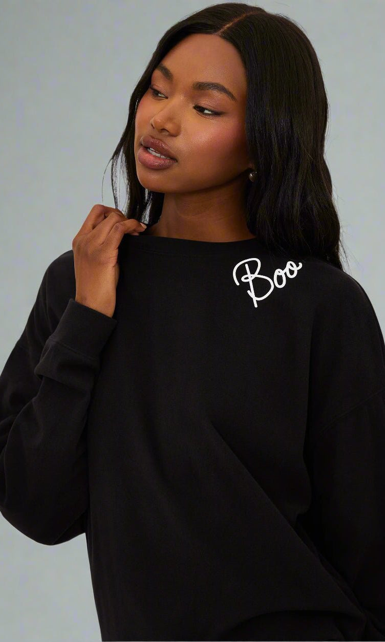 Shop Beach Riot Beach Riot Devyn Boo Black Sweatshirt Sweater for women – premium loungewear and festival fashion at Spoiled Brat