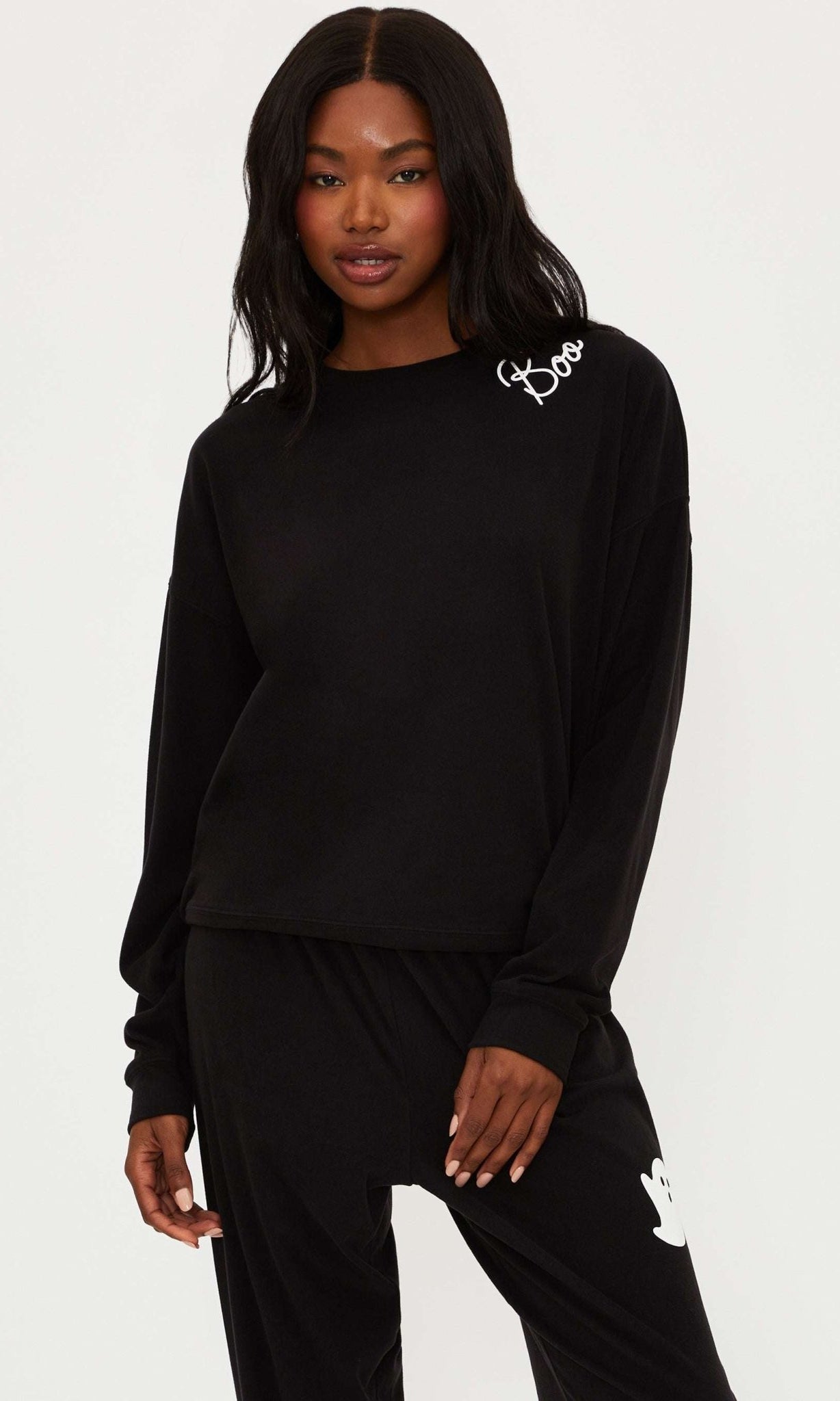 Shop Beach Riot Beach Riot Devyn Boo Black Sweatshirt Sweater for women – premium loungewear and festival fashion at Spoiled Brat