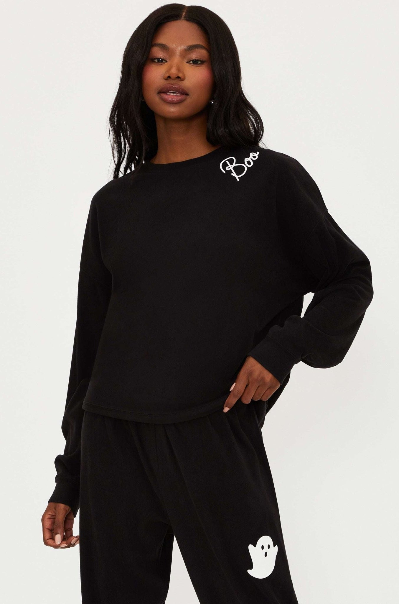 Shop Beach Riot Beach Riot Devyn Boo Black Sweatshirt Sweater for women – premium loungewear and festival fashion at Spoiled Brat