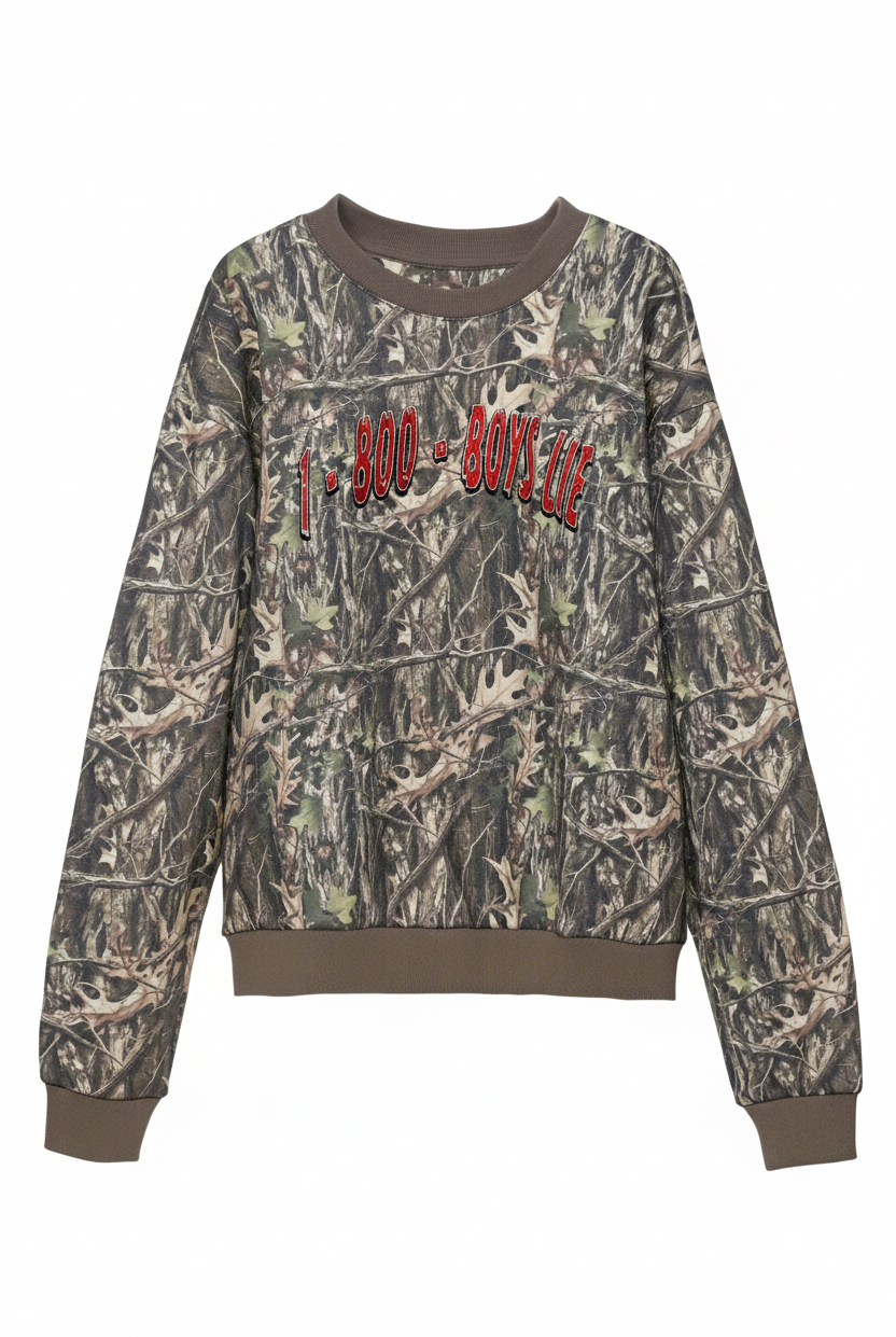 Camouflage sweatshirt with 'BOYS LIE' text on a white background