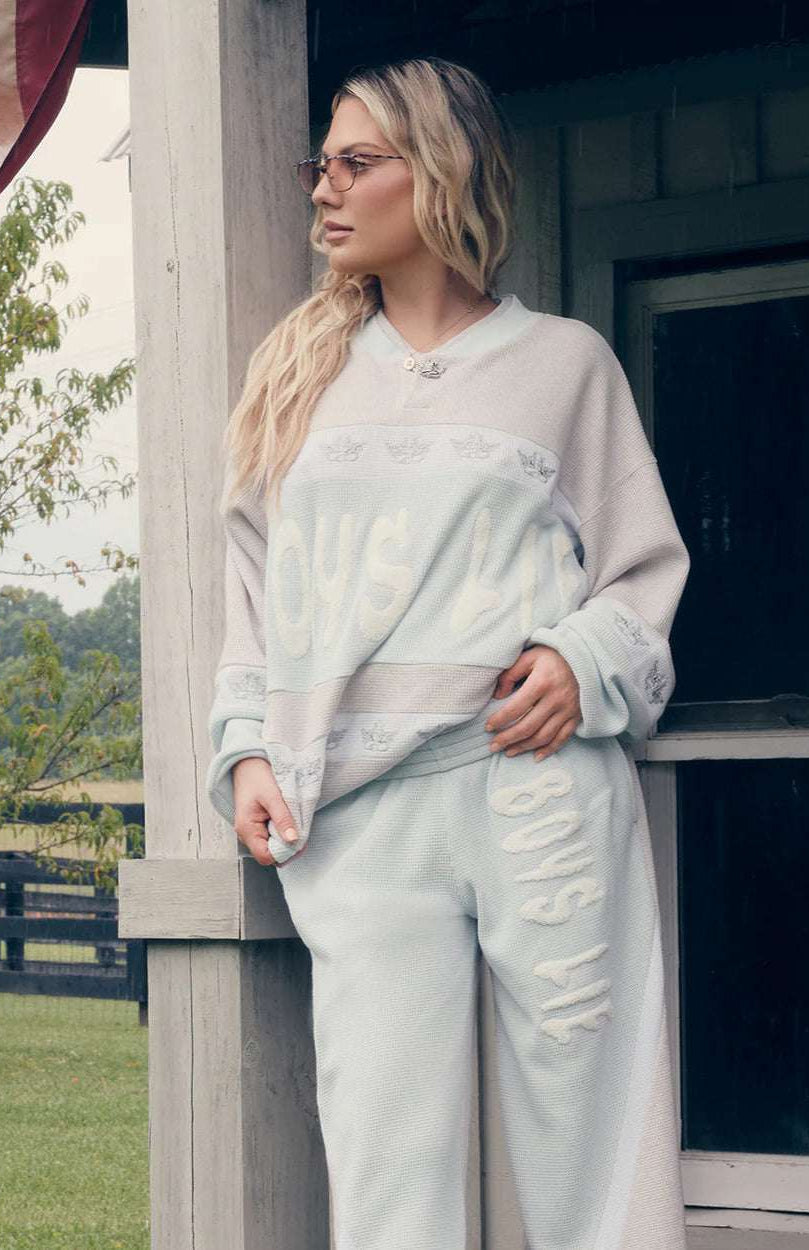 Shop Boys Lie Boys Lie Blue Private School MM Pants Jogger Bottoms for women – premium loungewear and festival fashion at Spoiled Brat