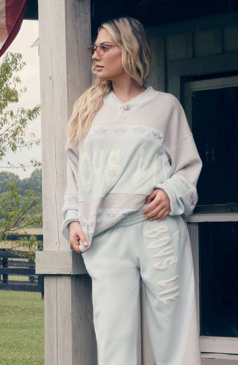 Shop Boys Lie Boys Lie Blue Private School MM Pants Jogger Bottoms for women – premium loungewear and festival fashion at Spoiled Brat