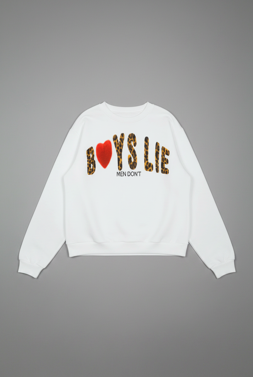 White BOYS LIE sweatshirt with colorful text on a gray background