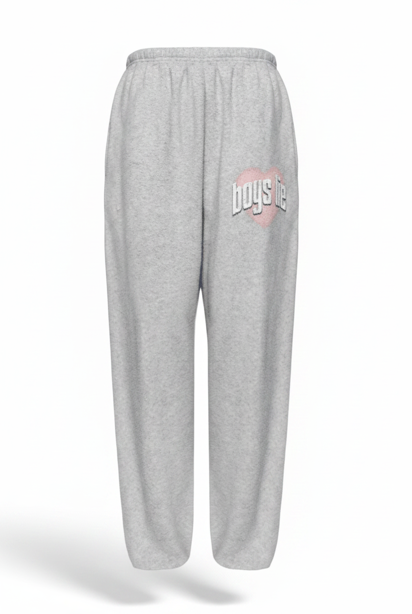 Gray boys lie sweatpants with a logo on a white background