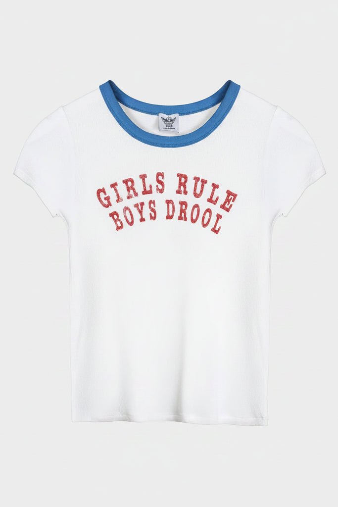 Shop Boys Lie Boys Lie Girls Rule Boys Drool Baby Tee T-Shirt for women – premium loungewear and festival fashion at Spoiled Brat