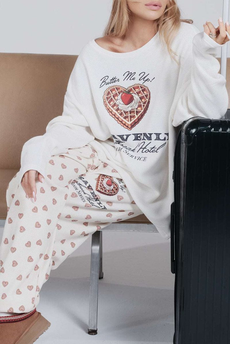 Shop Boys Lie Boys Lie Heavenly Room Service PJ Printed Kimmy Pants as seen on Megan Fox Jogger Bottoms for women – premium loungewear and festival fashion at Spoiled Brat