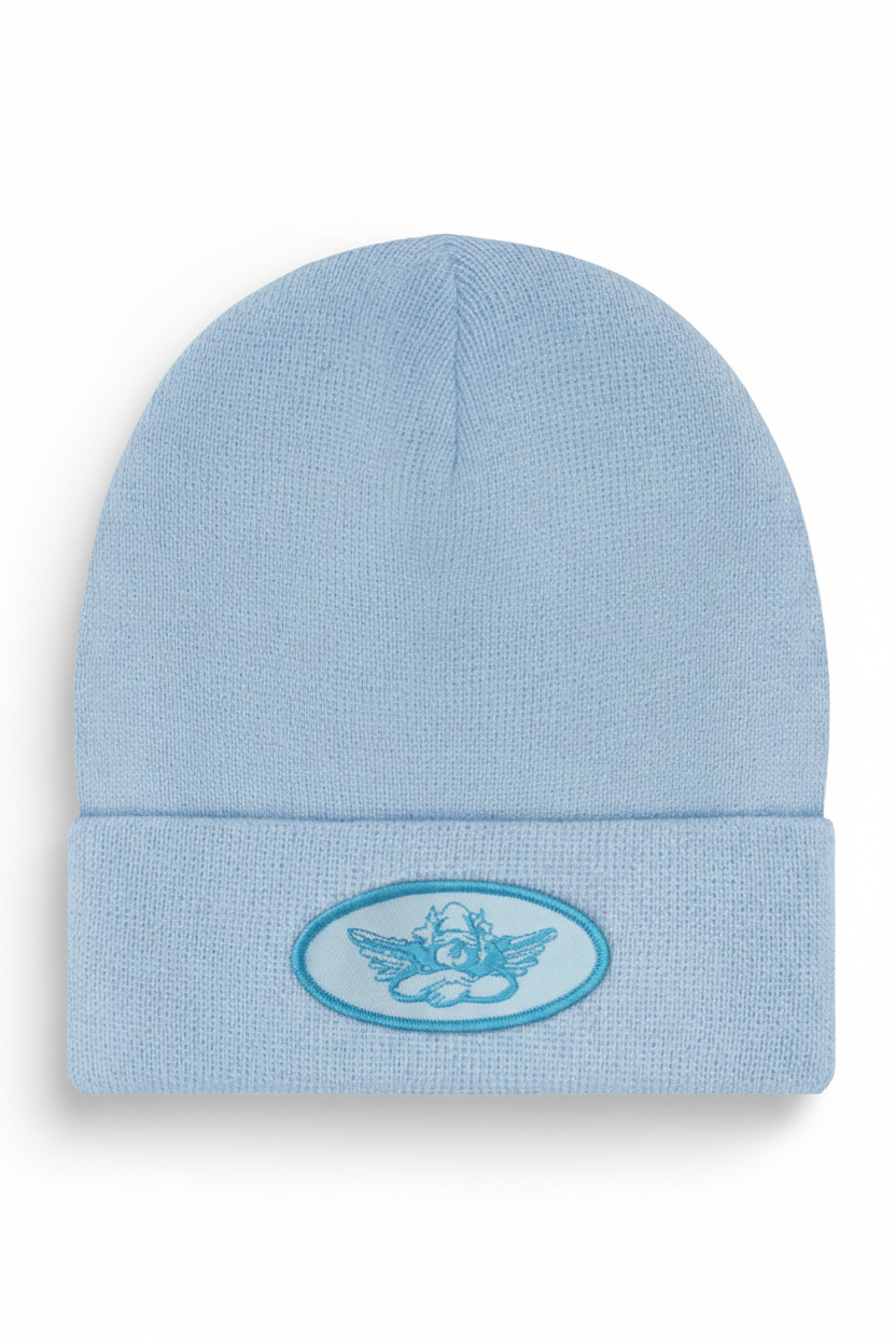 Light blue boys lie beanie with a logo on a white background