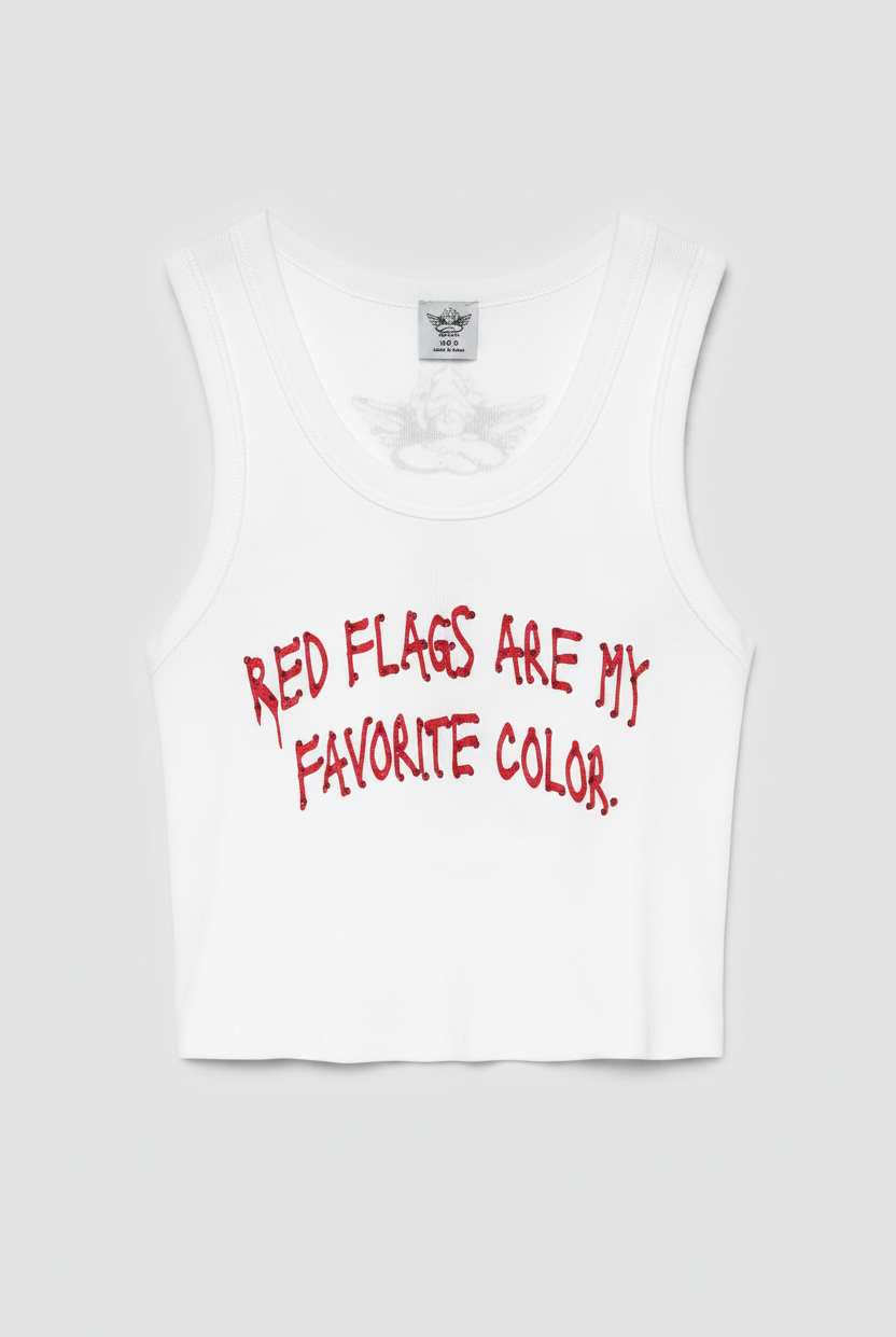White BOYS LIE tank top with red text 'Red flags are my favorite color' on a white background
