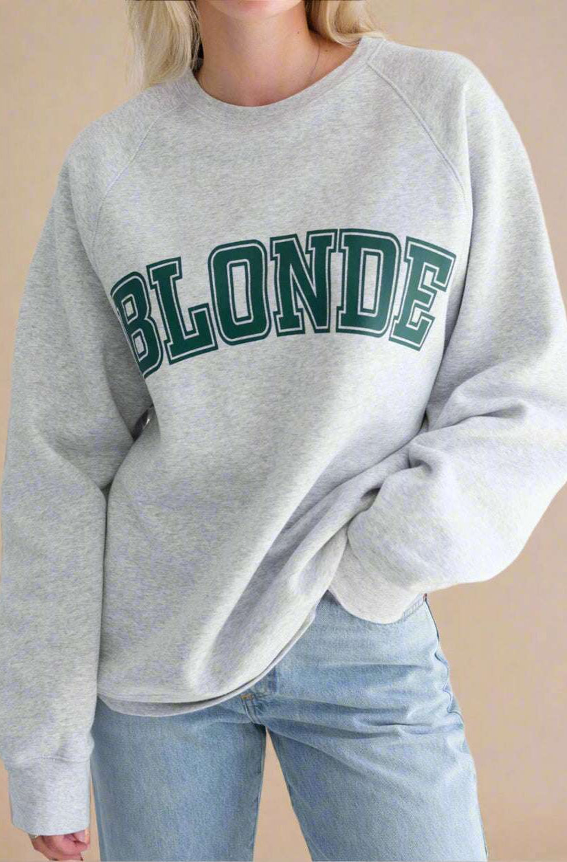 Shop Brunette The Label Brunette The Label "Blonde" Varsity Grey Not Your Boyfriend's Crew Sweater as seen on Catherine Tyldesley Sweater for women – premium loungewear and festival fashion at Spoiled Brat
