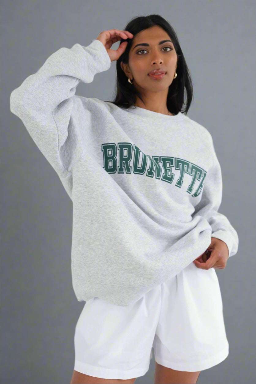 Shop Brunette The Label Brunette The Label "Brunette" Grey Varsity Hair Colour Not Your Boyfriend's Crew Sweater for women – premium loungewear and festival fashion at Spoiled Brat