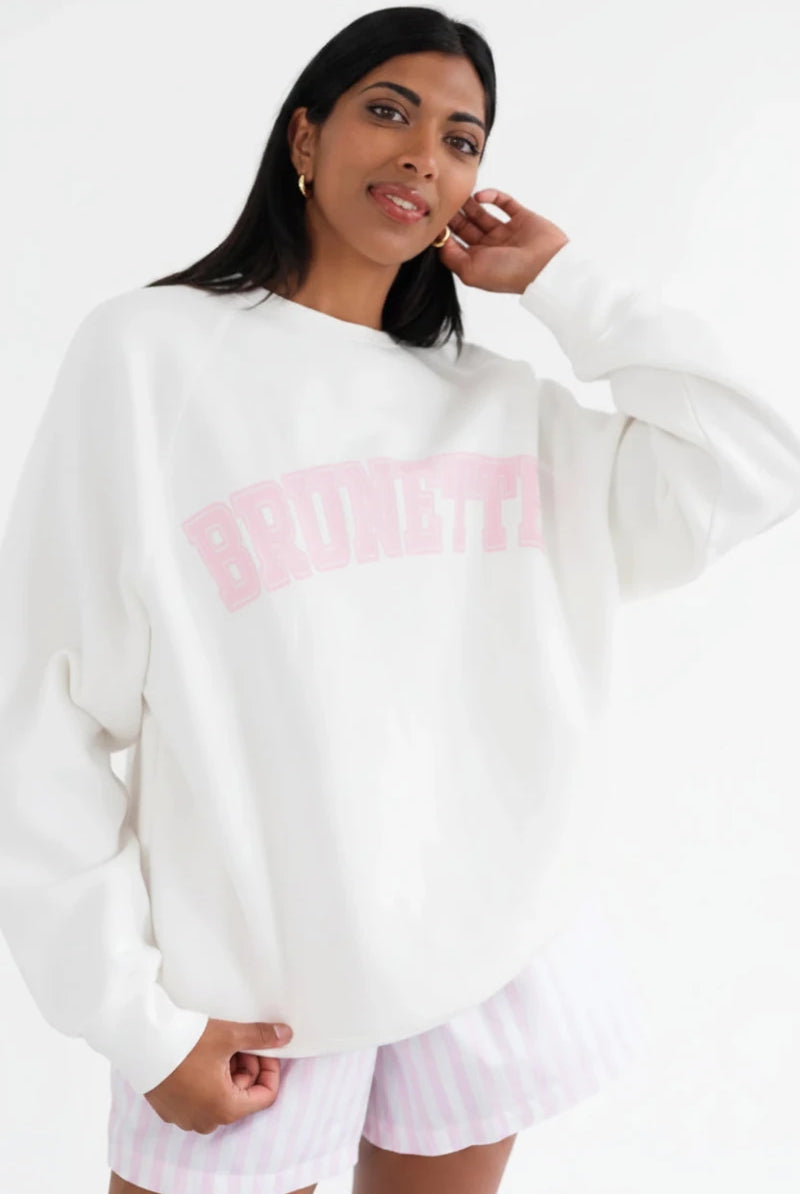 Shop Brunette The Label Brunette The Label "Brunette" Varsity Hair Colour Not Your Boyfriend's Crew Sweater Sweater for women – premium loungewear and festival fashion at Spoiled Brat