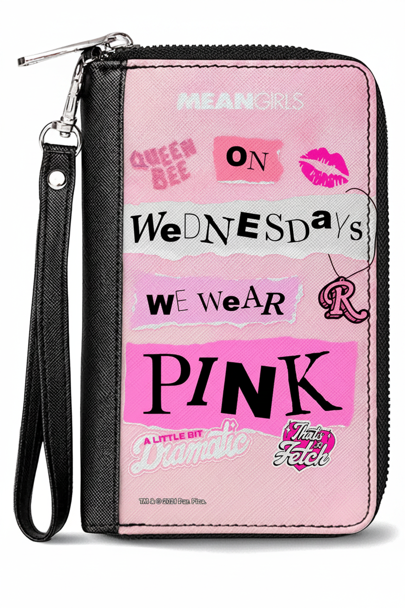 Pink wallet with text and graphics on a white background