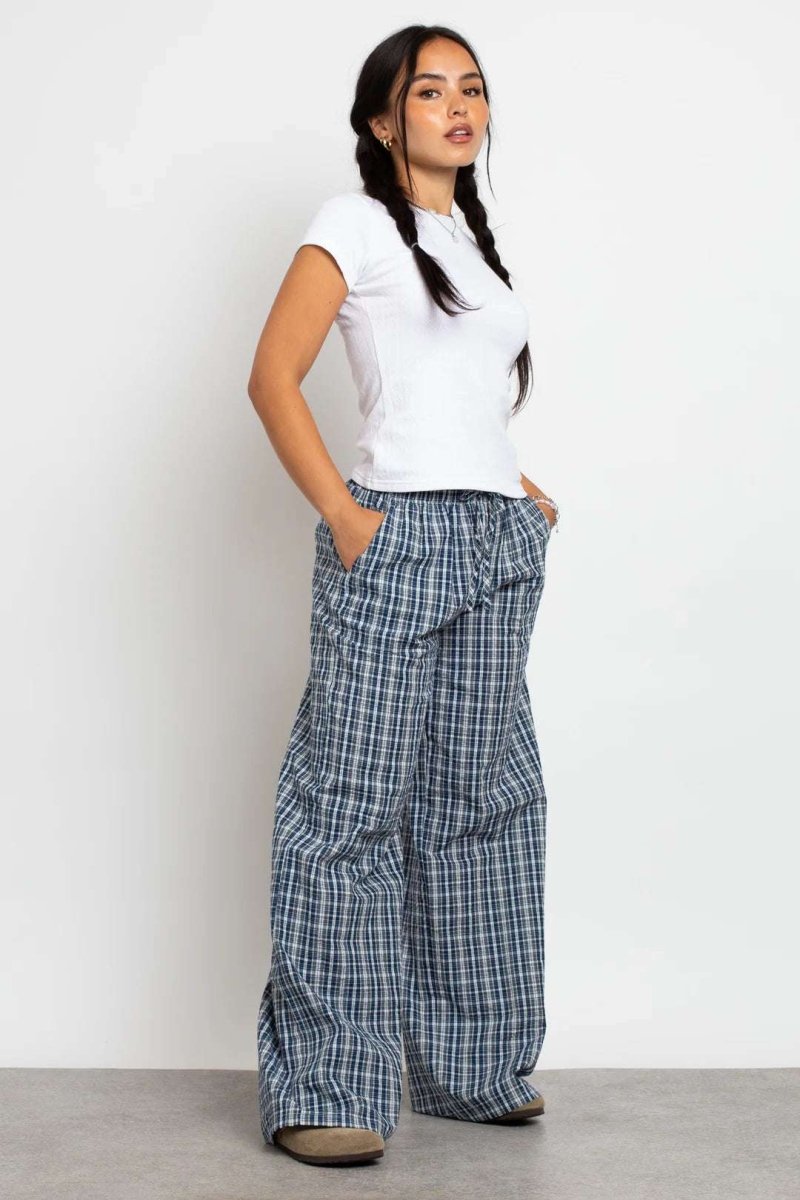 Shop Daisy Street Daisy Street Check Wide Leg Trouser with Drawcord Waist Jogger Bottoms for women – premium loungewear and festival fashion at Spoiled Brat